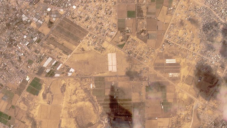 This satellite image from Planet Labs PBC shows tents being constructed near Khan Younis in the Gaza Strip .
Pic  Planet Labs/AP
