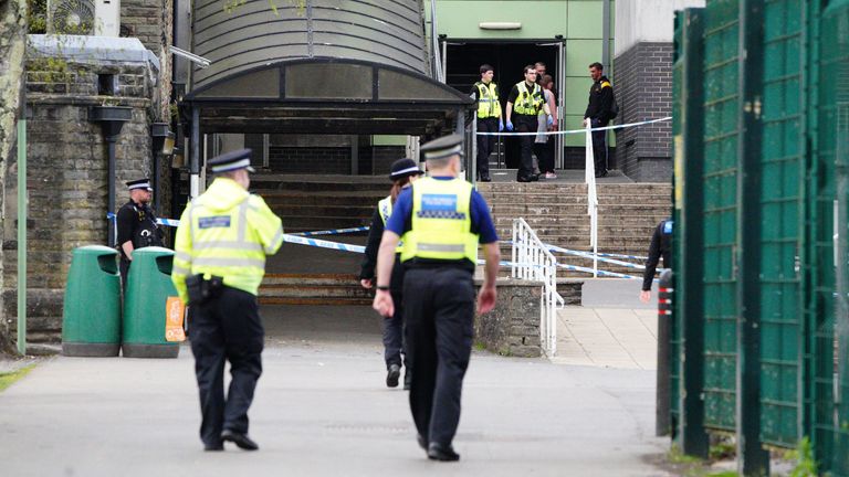 Police at the school following Wednesday&#39;s stabbings. Pic: PA