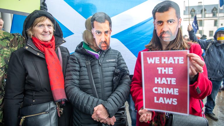 Activists gathered outside the Scottish Parliament in Holyrood, Edinburgh, to mark the introduction of the Hate Crime and Public Order (Scotland) Bill. The bill consolidates existing hate crime legislation and creates a new offense of inciting hatred against a protected characteristic. Image date: Monday, April 1, 2024.