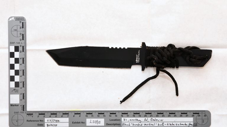 A serrated hunting knife found in the extractor fan of a kitchen.
Pic: PA 