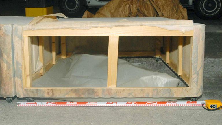 A base of a bed shown as evidence by the prosecution in the trial. Pic: PA