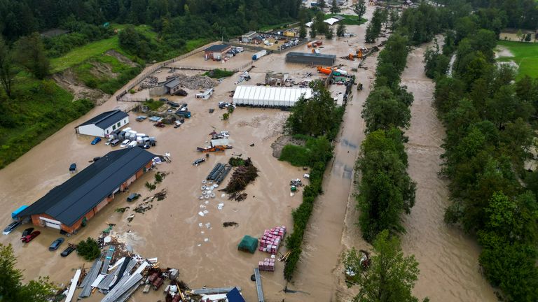 A view of flooded business district near town of Kamnik, Slovenia, Friday, Aug. 4, 2023. Pic: AP Photo/Miro Majcen