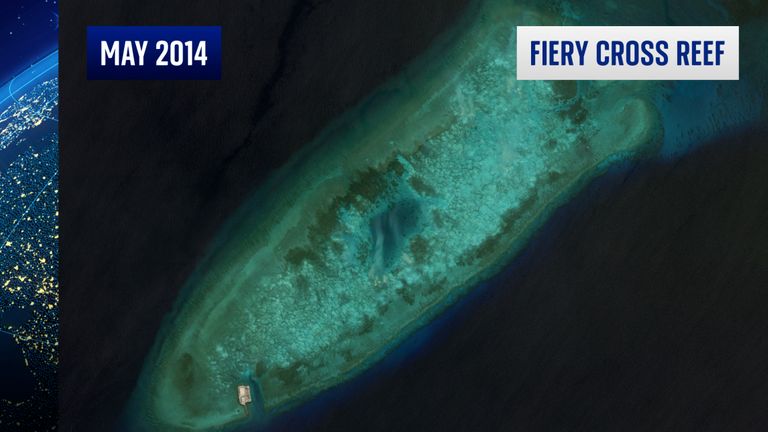 Sky satellite gfx of Fiery Cross Reef for use in D&F South China Sea piece 