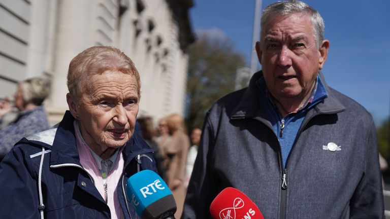 Maurice and Phyllis McHugh, who lost their only child Caroline in the Stardust fire, speaking outside Government Buildings in Dublin, following a meeting with Taoiseach Simon Harris. Pic: Brian Lawless/PA Wire