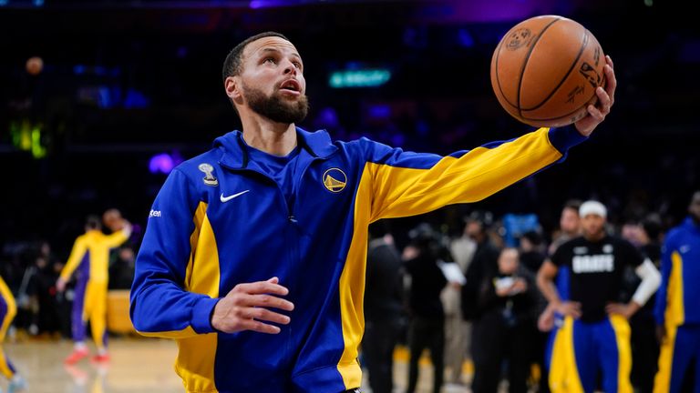 Golden State Warriors guard Stephen Curry warms up before an NBA basketball game against the Los Angeles Lakers, Tuesday, April 9, 2024, in Los Angeles. (AP Photo/Ryan Sun)