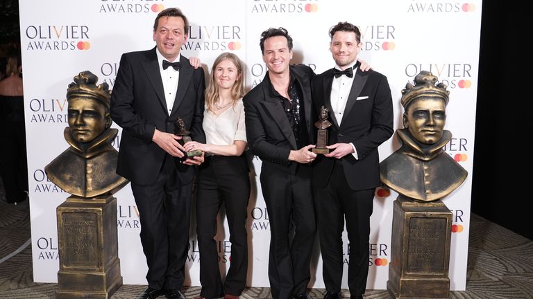 (left to right) Simon Stephens, Rosanna Vize, Andrew Scott and Sam Yates in the press room after being presented with the Best Revival award at the Olivier Awards. Pic: PA