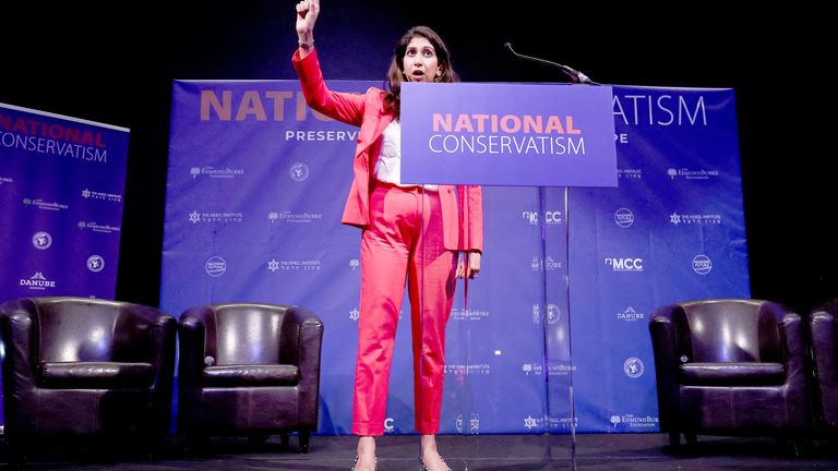 Suella Braverman gestures as she gives a keynote speech at the &#39;National Conservatism&#39; conference in Brussels.
Pic: Reuters