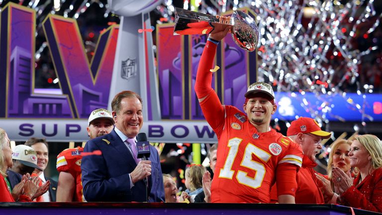 Kansas City Chiefs&#39; Patrick Mahomes celebrates with the Vince Lombardi Trophy after winning Super Bowl LVIII REUTERS/Brian Snyder
