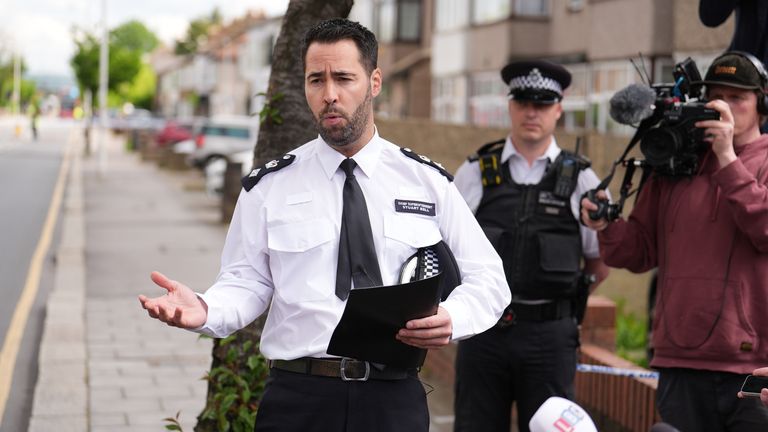 Chief Superintendent Stuart Bell reads a statement to the media.
Pic: PA