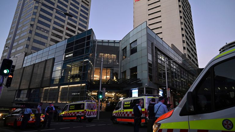 Emergency services are seen at Bondi Junction after multiple people were stabbed inside the Westfield Bondi Junction shopping centre in Sydney, Australia, Saturday, April 13, 2024. Multiple people were stabbed Saturday, and police shot someone, at a busy Sydney shopping center, media reports said. (Steven Saphore/AAP Image via AP)