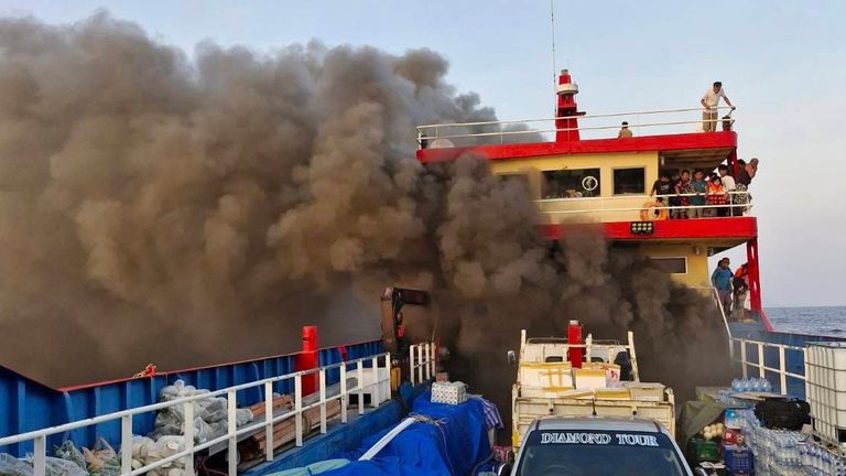 The ferry was on its way to Koh Tao when it caught fire. Pic: Maitree Promjampa via AP