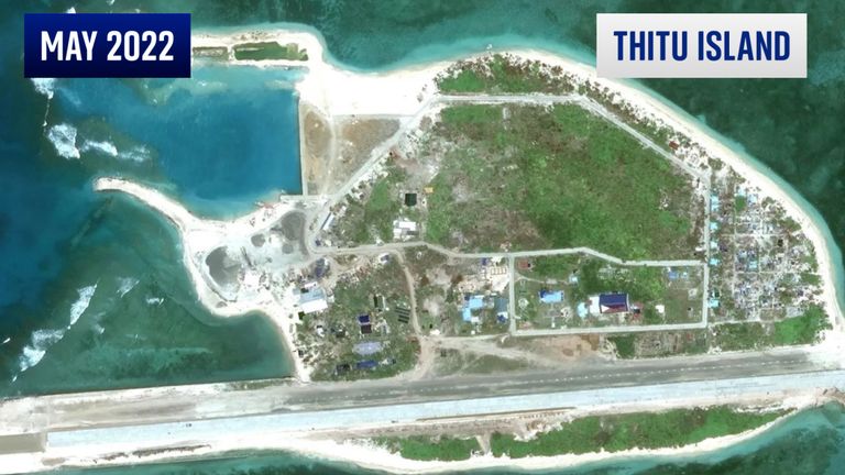 Sky satellite gfx of Thitu Island for use in D&F South China Sea piece 