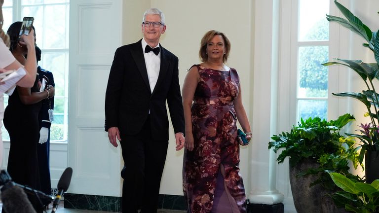 Tim Cook and Lisa Jackson, arrive at the Booksellers area of the White House for the State Dinner hosted by President Joe Biden and first lady Jill Biden for Japan&#39;s Prime Minister Fumio Kishida, and wife Kishida Yuko, Wednesday, April 10, 2024, in Washington. ..(AP Photo/Jacquelyn Martin)