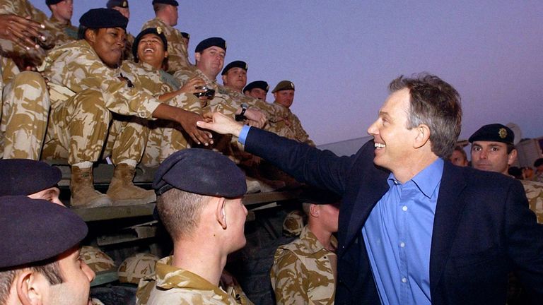 Tony Blair meets British troops in Basra, Iraq. Pic: PA