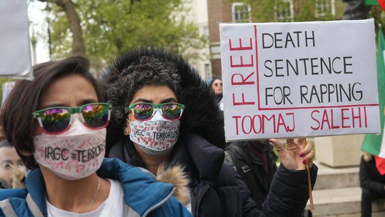 People protest in London against the death sentence of Iranian rapper Toomaj Salehi. Pic: PA