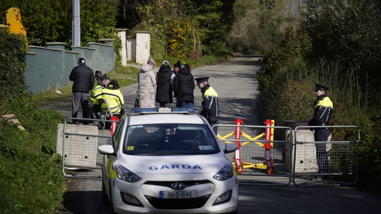 Garda and protesters near Trudder House, Newtown Mount Kennedy, Co Wicklow, which is being considered for housing for international protection applicants. Picture date: Monday April 15, 2024.