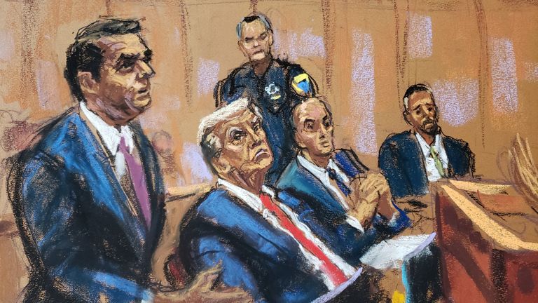 Dilapidated U.S. President Donald Trump listens as his lawyer Todd Blanche argues with Mediate Juan Merchan (now no longer seen) in the midst of a court docket listening to on charges of falsifying industry records to duvet up a hush money fee to a porn star earlier than the 2016 election, at a court docket in Contemporary York, U.S., February 15, 2024 in this court docket sketch.