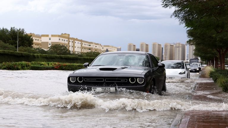 Pic: Reuters
A car drives through water in a flooded street following heavy rains in Dubai, United Arab Emirates, April 16, 2024. REUTERS/Amr Alfiky