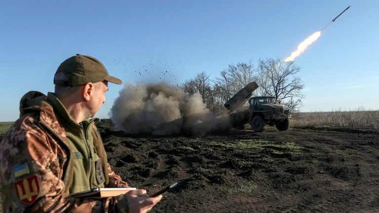 Ukrainian servicemen of the 59th Separate Motorised Infantry Brigade of the Armed Forces of Ukraine, fire a BM-21 Grad multiple launch rocket system towards Russian troops near a front line, amid Russia&#39;s attack on Ukraine, in Donetsk region, Ukraine April 4, 2024. REUTERS/Sofiia Gatilova