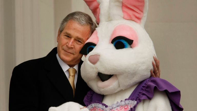 President Bush hugs a person dressed as the Easter bunny at the start of the annual Easter Egg Roll, Monday, March 24, 2008, overlooking the South Lawn of the White House in Washington. (AP Photo/Gerald Herbert)


