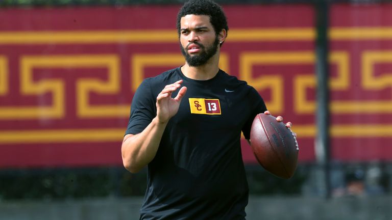 Southern California Trojans quarterback Caleb Williams (13) sets up to pass during the USC NFL Pro Day on Wednesday, Mar. 20, 2024, in Los Angeles. (Kevin Terrell via AP)