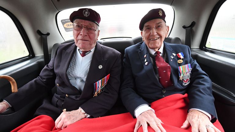 File photo dated 12/02/17 of World War II veterans Bill Gladden (left) and Ted Pieri sit in the back of a black cab at Wellington Barracks, London, ahead of their veterans trip to northern France with the Taxi Charity. 100-year-old WWII veteran William &#39;Bill&#39; Gladden, who flew into Normandy on D-Day, died this morning at his home in Haverhill, Suffolk, the Taxi Charity for Military Veterans has announced. Issue date: Wednesday April 24, 2024.

veteran d-day bill gladden