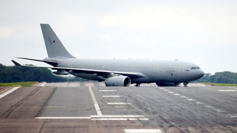 A Royal Air Force Voyager is seen on the tarmac at RAF Brize Norton, in Oxfordshire.
Pic: Reuters
