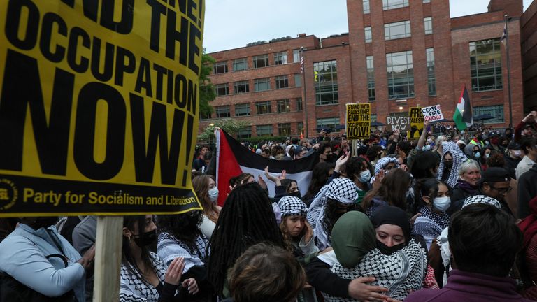 Students and others demonstrate at a protest camp at University Yard in support of Palestinians in Gaza, during the ongoing conflict between Israel and the Palestinian Islamic group Hamas, at George Washington University in Washington, USA, April 25, 2024. REUTERS/Leah Millis