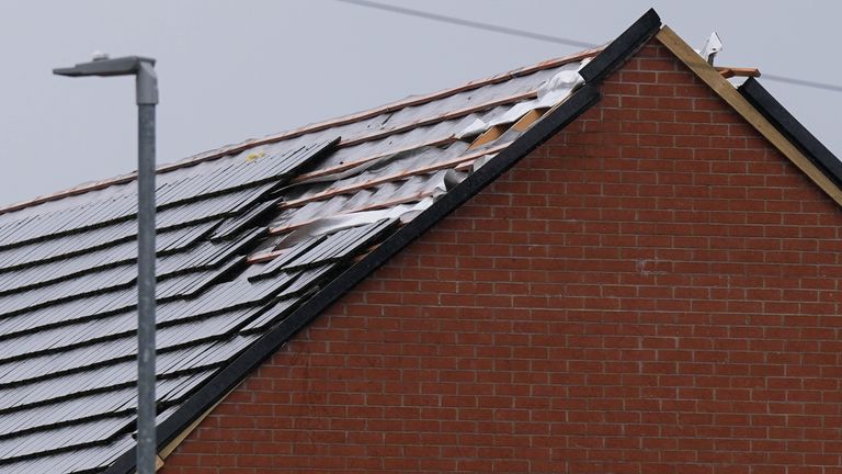 Missing tiles from a roof on St Gile&#39;s Road in Knutton, North Staffordshire, where high winds caused damage in the early hours of the morning.
Pic: PA