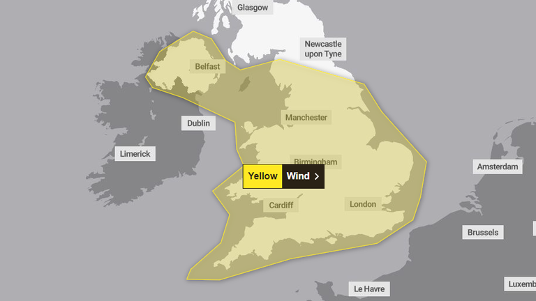The yellow weather warning for wind covers England, Wales and Northern Ireland. Pic: Met Office