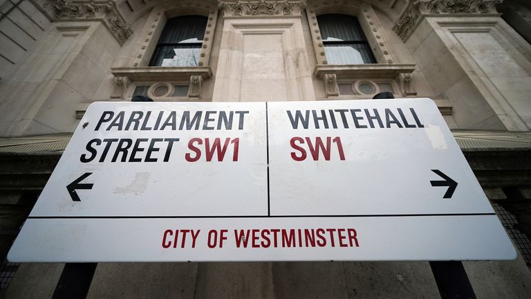 File photo dated 22/01/2022 of a street sign giving directions to Parliament Street and Whitehall in London. Pic: PA