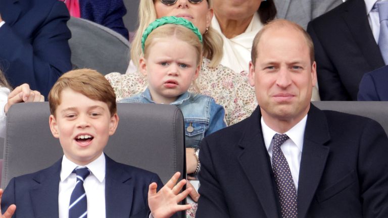 Prince George and Prince William during the Platinum Jubilee Pageant in front of Buckingham Palace, London, on day four of the Platinum Jubilee celebrations. Picture date: Sunday June 5, 2022.