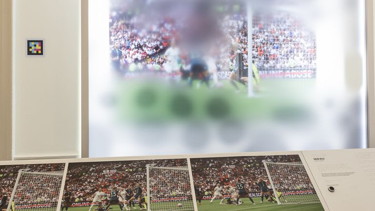 These images of Lioness Chloe Kelly&#39;s Euro 2022 final goal are obscured to show how a person with a visual impairment might see them. Pic: World Unseen/Canon