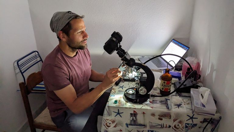 Biologists set up a temporary laboratory in Ponza.  Photo: Michael Bok