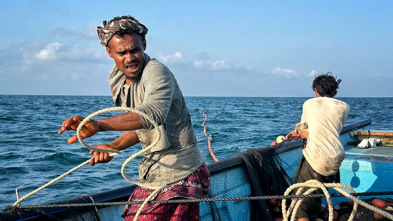 Yemen&#39;s fishermen set out at dawn to take on seas where they know they could face pirates, smugglers and now Houthi militant missile attacks. For Alex Crawford eyewitness.
