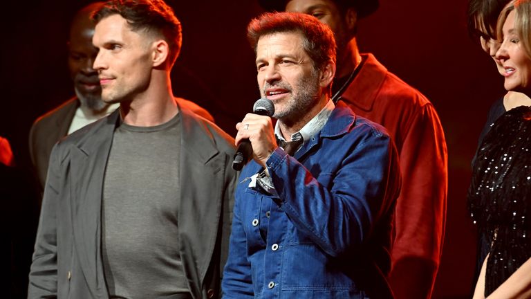 Zack Snyder talking at the Rebel Moon Part Two: Songs Of The Rebellion Album release event in New York. Pic: Noam Galai/Netflix
