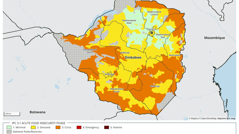Zimbabwe projected food security conditions, March-May 2024. Pic: FEWS.NET