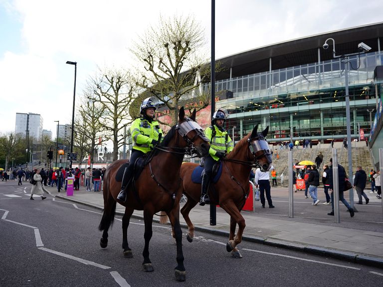 Police on horseback outside the Emirates Stadium. Pic: PA