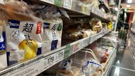Bread products by Pasco Shikishima Corp. on display at a supermarket in Tokyo. Pic: AP