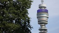 A view of BT Group logo displayed on BT tower, in London, Britain, July 21, 2023. REUTERS/Hollie Adams

