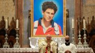 An image of 15-year-old Carlo Acutis, an Italian boy who died in 2006 of leaukemia, is seen during his beatification ceremony in 2020. Pic: AP 


