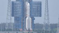 The Chang&#39;e 6 lunar probe and the Long March-5 Y8 carrier rocket combination sit atop a launch pad at the Wenchang Space Launch Site in China on 27 April 2024. Pic: China National Space Agency/Reuters