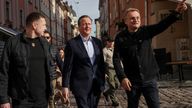 David Cameron walks in the city centre with Lviv City Mayor Andriy Sadovyi.
Pic: Reuters