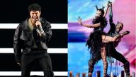 Former Swedish Eurovision contestant Eric Saade (left) and Ireland&#39;s 2024 contestant Bambie Thug perform at the first semi-final in Malmo, Sweden. Pics: AP/Martin Meissner