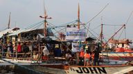 Pic: Atin-Ito/Akbayan Party/AP
In this photo provided by Atin-Ito/Akbayan Party, activists and volunteers on fishing boats begin their journey at Masinloc, Zambales province, northwestern Philippines on Wednesday May 15, 2024. (Atin-Ito/Akbayan Party via AP)