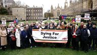 Infected blood victims and campaigners protest on College Green in Westminster, London calling for action on compensation payments for victims of the infected blood scandal. Picture date: Wednesday February 28, 2024.
