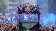 Ipswich Town players during an open-top bus parade in Ipswich to celebrate promotion to the Premier League. 