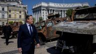 Foreign Secretary Lord David Cameron walks past a display of destroyed Russian military vehicles in Saint Michael&#39;s Squareduring his visit to Kyiv in Ukraine. Picture date: Thursday May 2, 2024. Pic PA