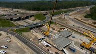 Engineering work taking place at the A3 Wisley interchange at Junction 10 of the M25 as concrete beams for a new bridge are installed. Picture date: Saturday May 11, 2024.

