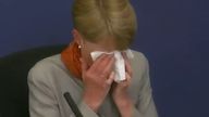 Post Office boss Paula Vennells using a tissue to wipe her eyes.
Pic: PA
